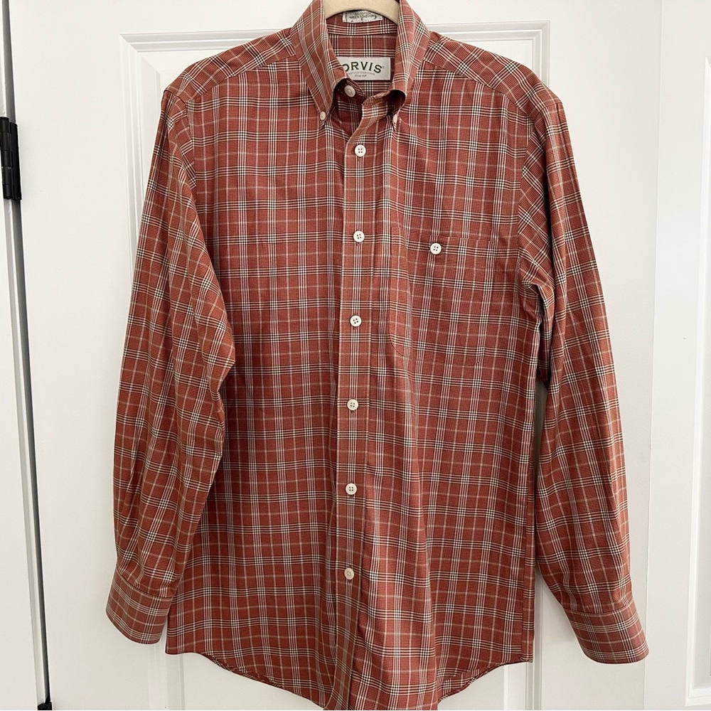 Orvis Fall Orange & White Checkered Plaid Long Sleeve Button Down Shirt
